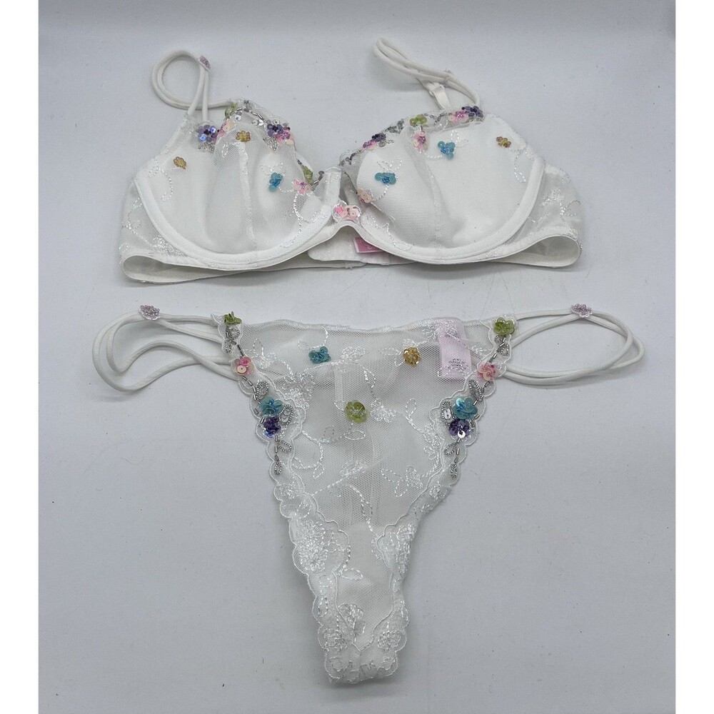 Victoria’s Secret Angels Sequin Embroidered Bra 34B & Low Rise Thong M